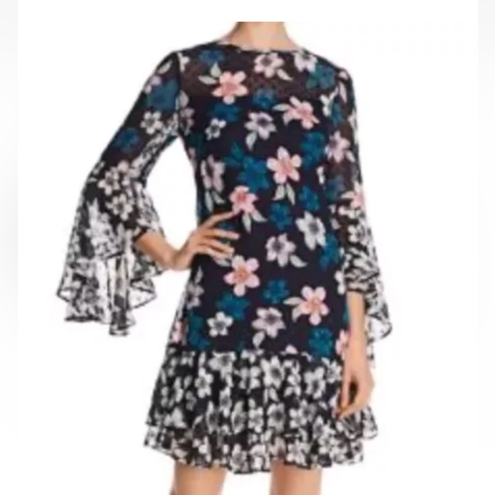 ELIZA J bohemian floral mini dress ruffled layer hem bell 3/4 sleeves textured 4